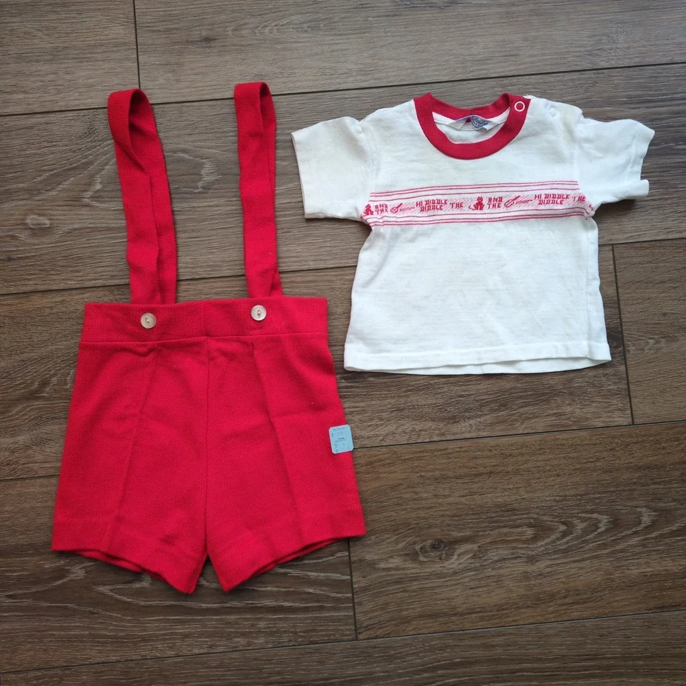 NOS Vtg 60s Red Overalls Romper + Carter's Nursery Rhyme Cat Shirt Infant Shorts